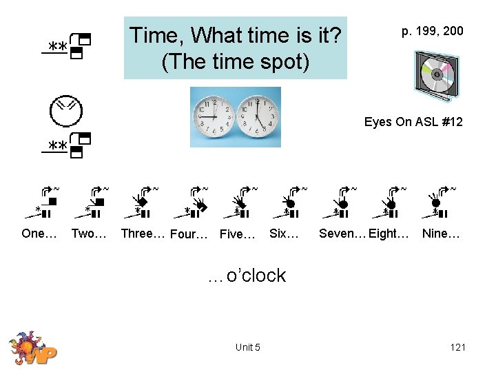 Time, What time is it? (The time spot) p. 199, 200 Eyes On ASL