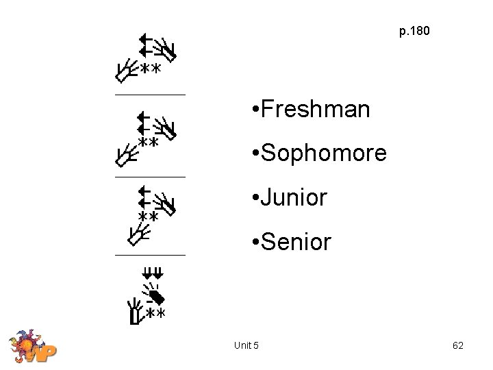 p. 180 • Freshman • Sophomore • Junior • Senior Unit 5 62 