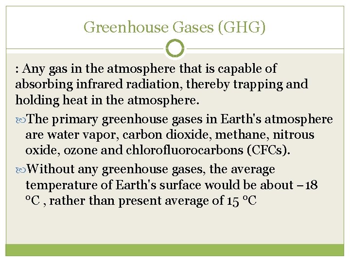 Greenhouse Gases (GHG) : Any gas in the atmosphere that is capable of absorbing