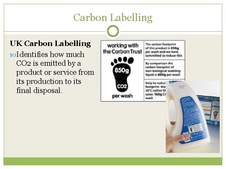 Carbon Labelling UK Carbon Labelling Identifies how much CO 2 is emitted by a