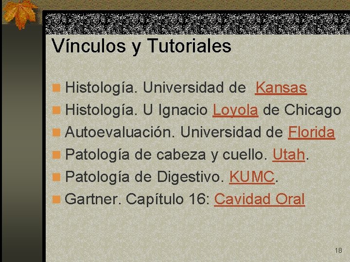 Vínculos y Tutoriales n Histología. Universidad de Kansas n Histología. U Ignacio Loyola de