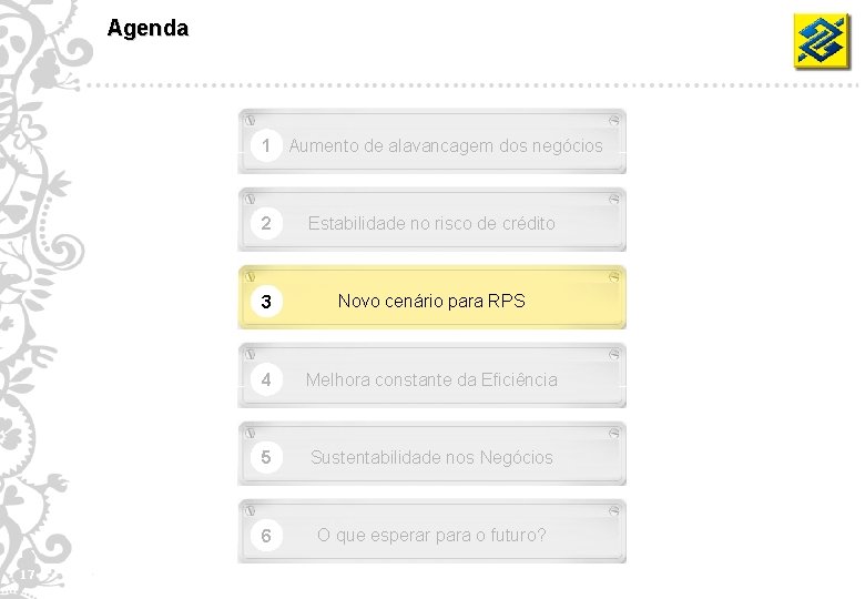 Agenda 1 Aumento de alavancagem dos negócios 17 2 Estabilidade no risco de crédito