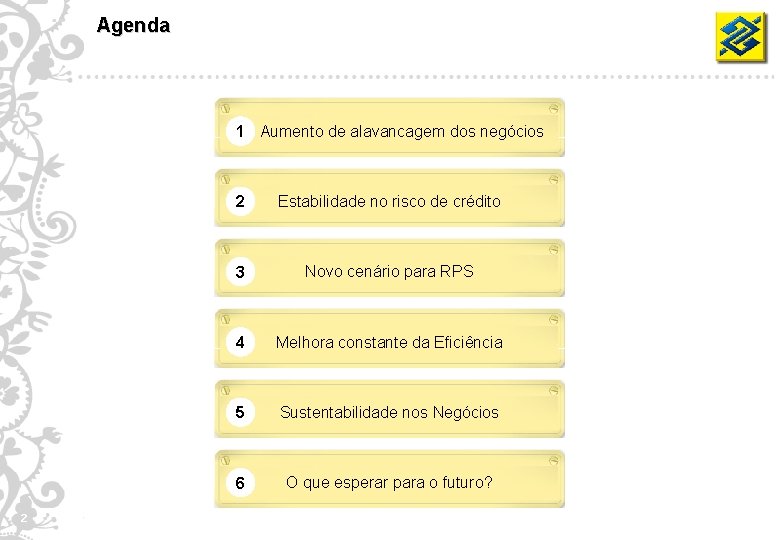 Agenda 1 Aumento de alavancagem dos negócios 2 2 Estabilidade no risco de crédito