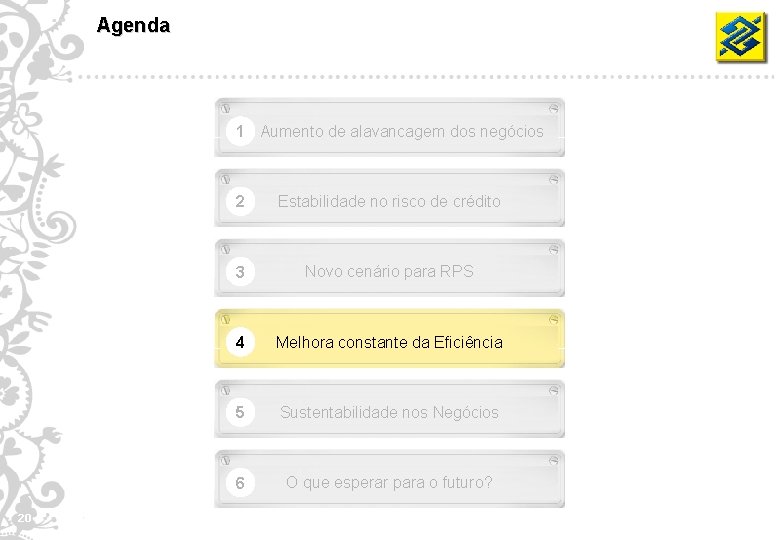 Agenda 1 Aumento de alavancagem dos negócios 20 2 Estabilidade no risco de crédito