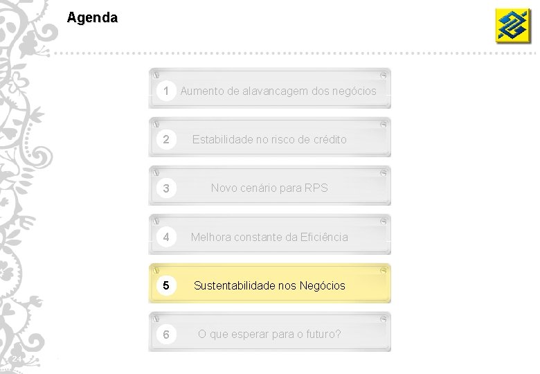 Agenda 1 Aumento de alavancagem dos negócios 24 2 Estabilidade no risco de crédito