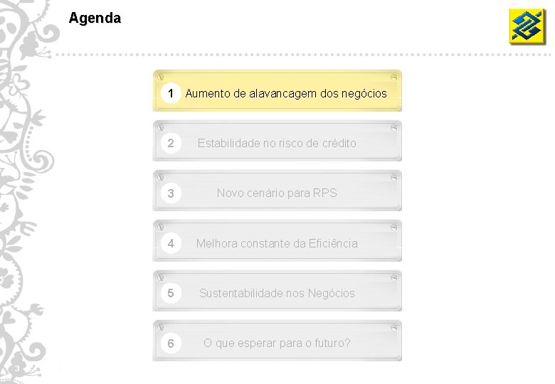 Agenda 1 Aumento de alavancagem dos negócios 3 2 Estabilidade no risco de crédito