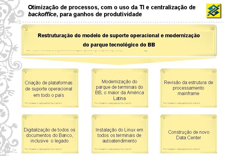 Otimização de processos, com o uso da TI e centralização de backoffice, para ganhos