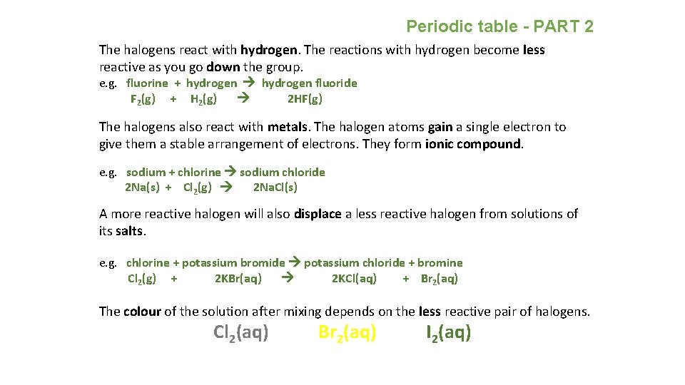 Periodic table - PART 2 The halogens react with hydrogen. The reactions with hydrogen