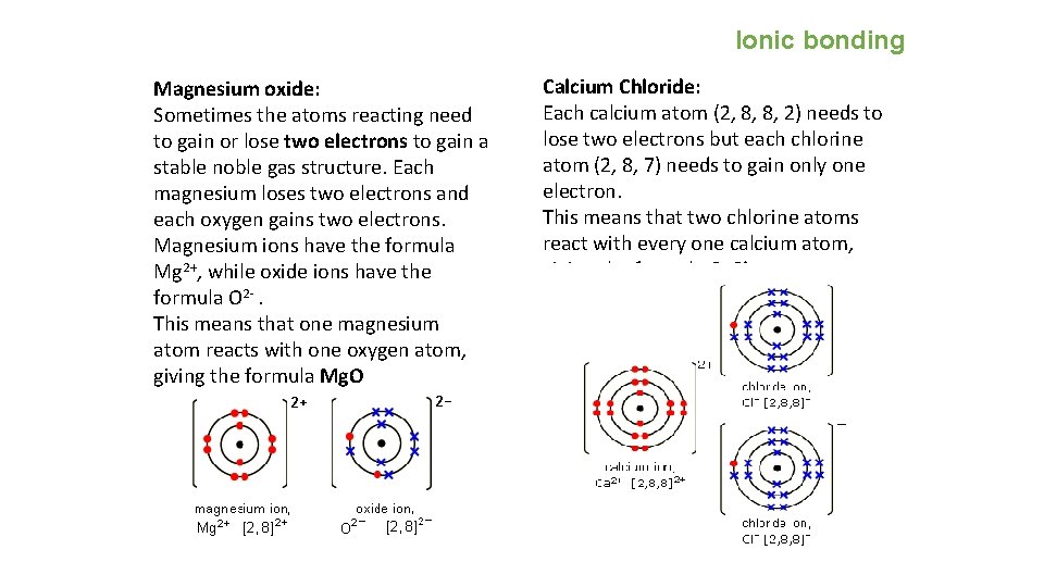 Ionic bonding Magnesium oxide: Sometimes the atoms reacting need to gain or lose two