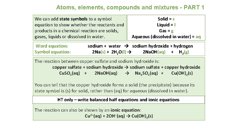 Atoms, elements, compounds and mixtures - PART 1 We can add state symbols to