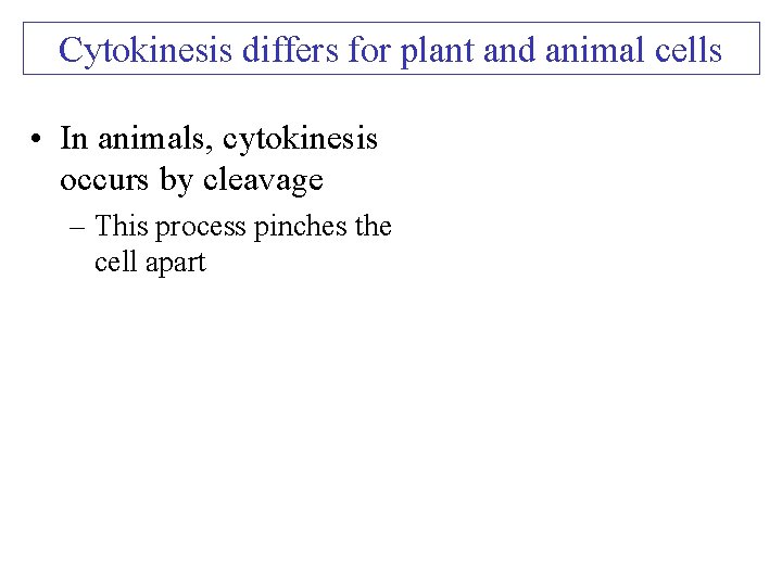 Cytokinesis differs for plant and animal cells • In animals, cytokinesis occurs by cleavage