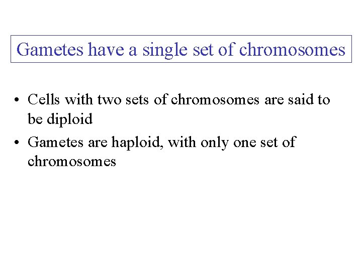 Gametes have a single set of chromosomes • Cells with two sets of chromosomes