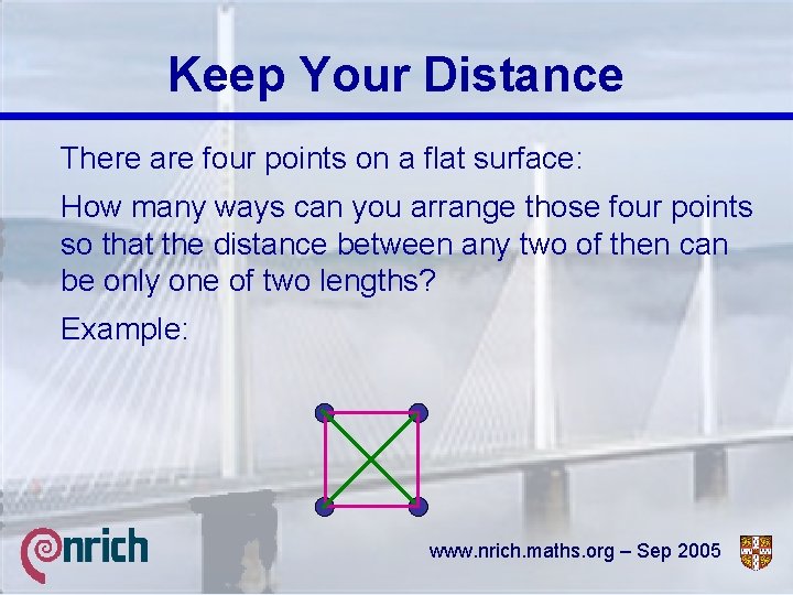 Keep Your Distance There are four points on a flat surface: How many ways