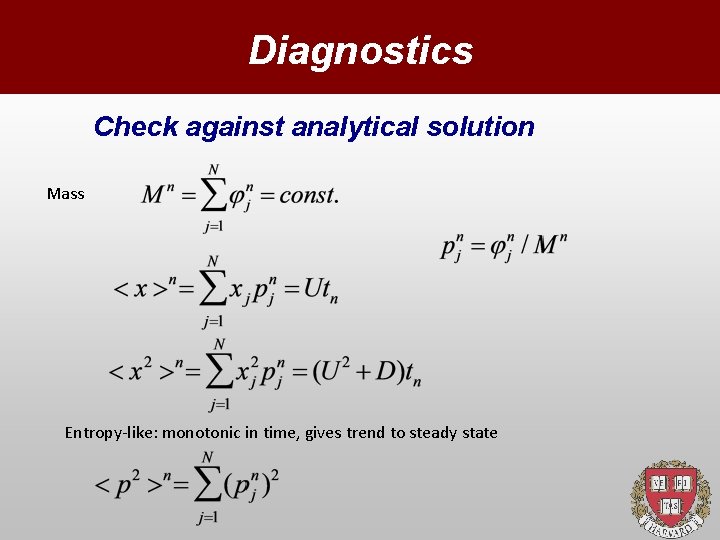 Diagnostics Check against analytical solution Mass Entropy-like: monotonic in time, gives trend to steady