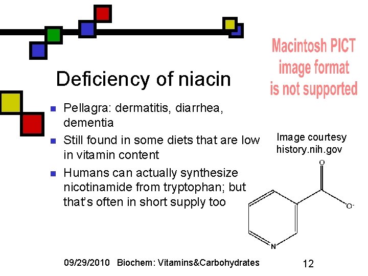 Deficiency of niacin n Pellagra: dermatitis, diarrhea, dementia Still found in some diets that