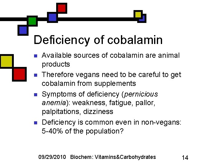 Deficiency of cobalamin n n Available sources of cobalamin are animal products Therefore vegans