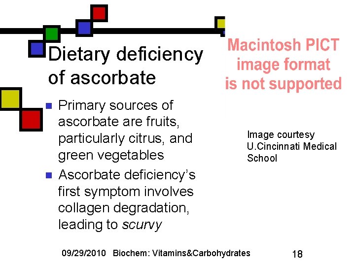 Dietary deficiency of ascorbate n n Primary sources of ascorbate are fruits, particularly citrus,