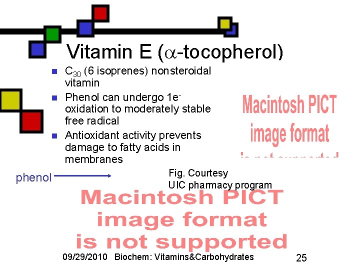 Vitamin E ( -tocopherol) n n n phenol C 30 (6 isoprenes) nonsteroidal vitamin