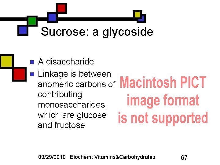 Sucrose: a glycoside n n A disaccharide Linkage is between anomeric carbons of contributing