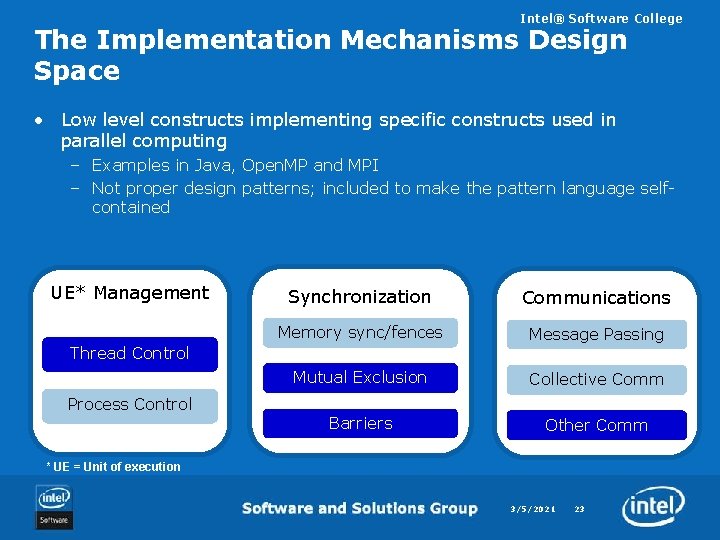 Intel® Software College The Implementation Mechanisms Design Space • Low level constructs implementing specific