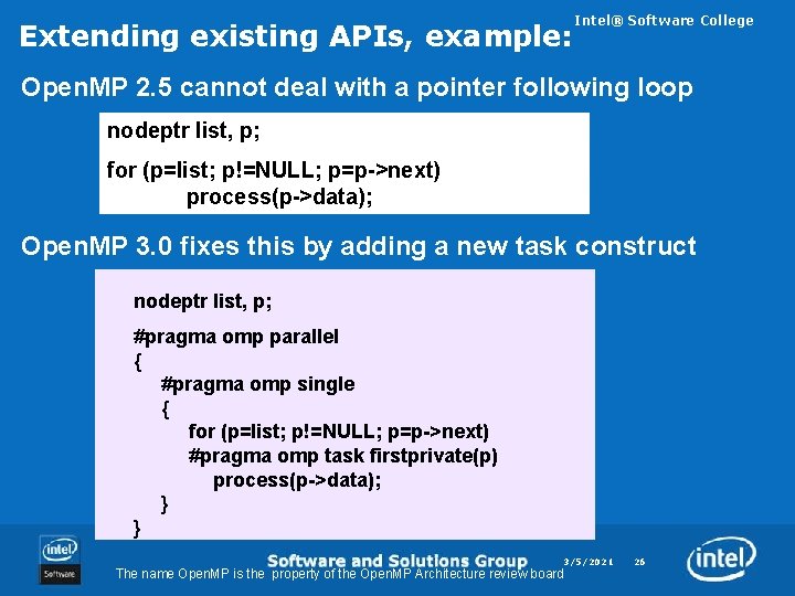 Extending existing APIs, example: Intel® Software College Open. MP 2. 5 cannot deal with