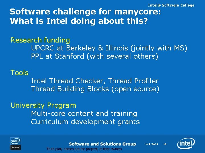 Intel® Software College Software challenge for manycore: What is Intel doing about this? Research