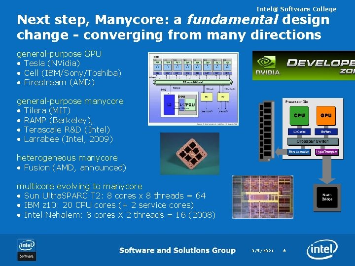 Intel® Software College Next step, Manycore: a fundamental design change - converging from many