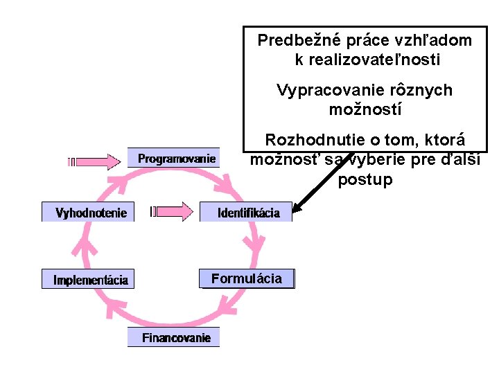 Predbežné práce vzhľadom k realizovateľnosti Vypracovanie rôznych možností Rozhodnutie o tom, ktorá možnosť sa