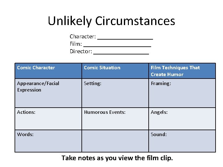 Unlikely Circumstances Character: _________ Film: ___________ Director: _________ Comic Character Comic Situation Film Techniques