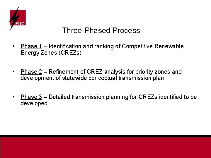 Three-Phased Process • Phase 1 – Identification and ranking of Competitive Renewable Energy Zones