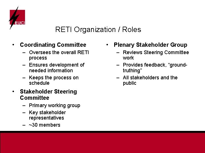 RETI Organization / Roles • Coordinating Committee – Oversees the overall RETI process –
