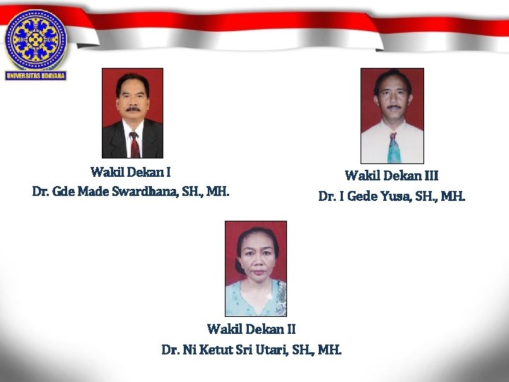 Wakil Dekan I Dr. Gde Made Swardhana, SH. , MH. Wakil Dekan III Dr.