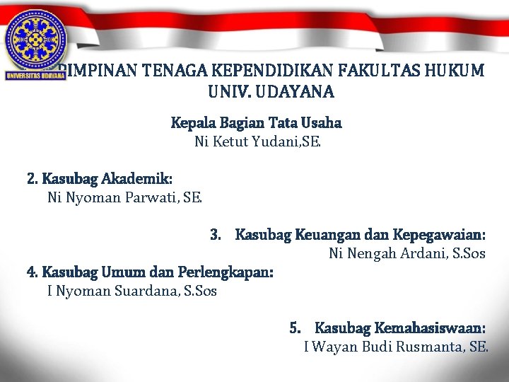 PIMPINAN TENAGA KEPENDIDIKAN FAKULTAS HUKUM UNIV. UDAYANA Kepala Bagian Tata Usaha Ni Ketut Yudani,