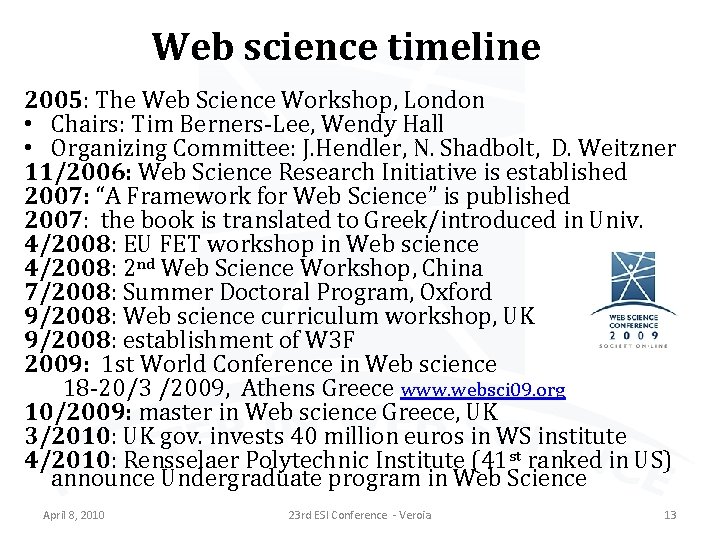 Web science timeline 2005: The Web Science Workshop, London • Chairs: Tim Berners-Lee, Wendy