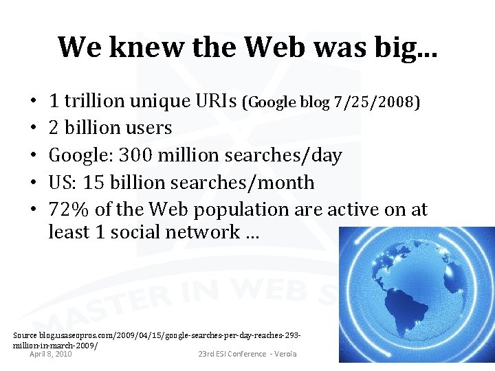 We knew the Web was big. . . • • • 1 trillion unique