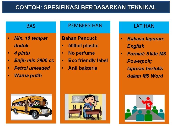 CONTOH: SPESIFIKASI BERDASARKAN TEKNIKAL BAS • Min. 10 tempat duduk PEMBERSIHAN Bahan Pencuci: •