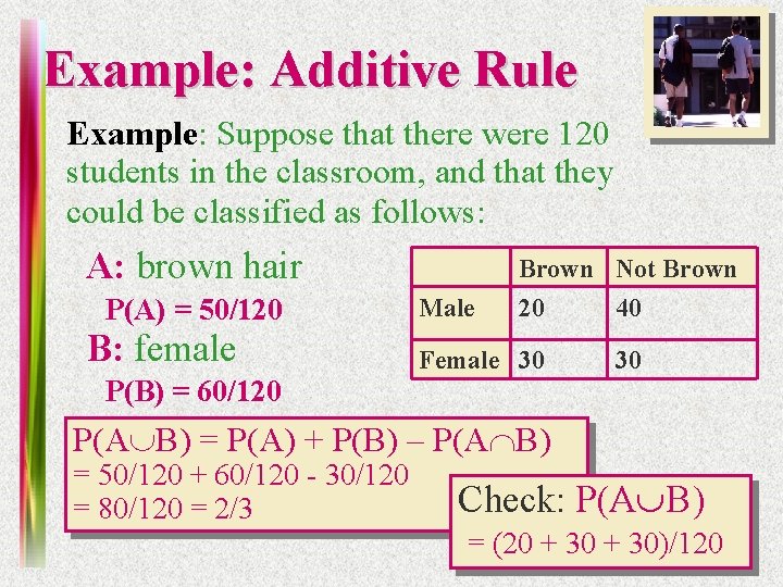 Example: Additive Rule Example: Suppose that there were 120 students in the classroom, and