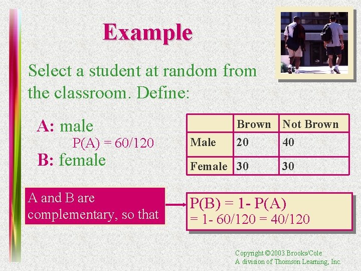 Example Select a student at random from the classroom. Define: A: male P(A) =