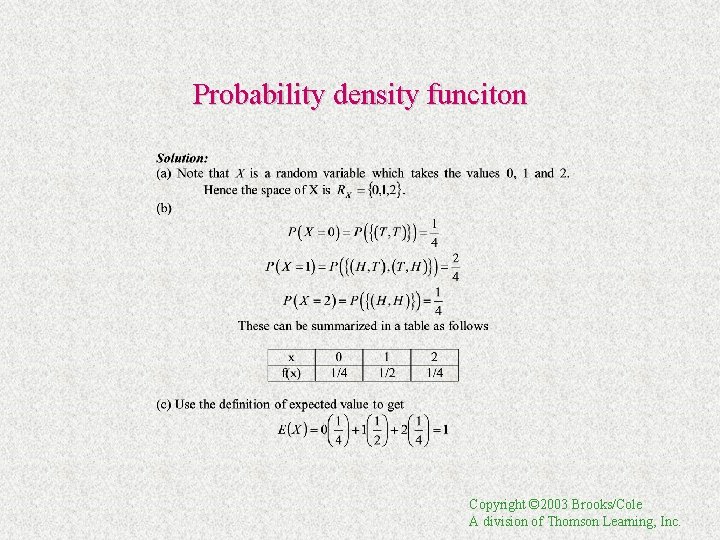 Probability density funciton Copyright © 2003 Brooks/Cole A division of Thomson Learning, Inc. 