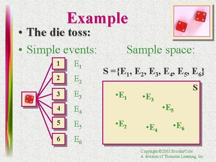 Example • The die toss: • Simple events: 1 E 1 2 E 2