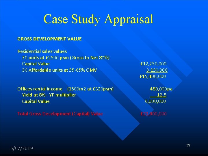 Case Study Appraisal GROSS DEVELOPMENT VALUE Residential sales values 70 units at £ 2500