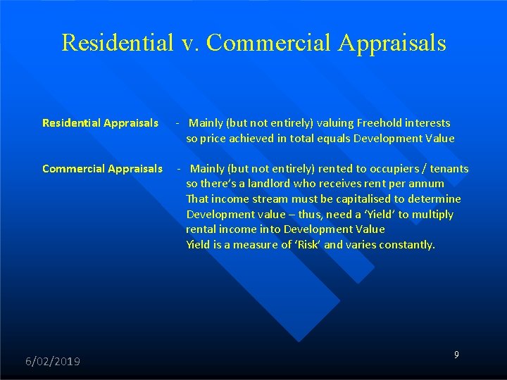 Residential v. Commercial Appraisals Residential Appraisals - Mainly (but not entirely) valuing Freehold interests