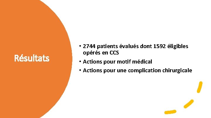 Résultats • 2744 patients évalués dont 1592 éligibles opérés en CCS • Actions pour