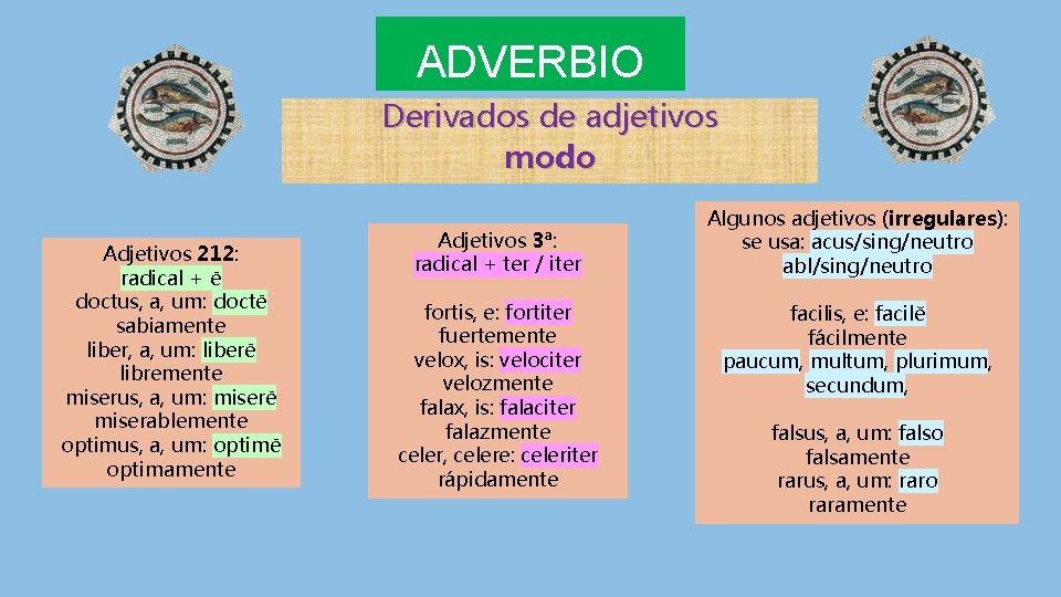 ADVERBIO Derivados de adjetivos modo Adjetivos 212: radical + ē doctus, a, um: doctē