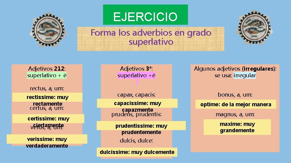 EJERCICIO Forma los adverbios en grado superlativo Adjetivos 212: superlativo + ē rectus, a,