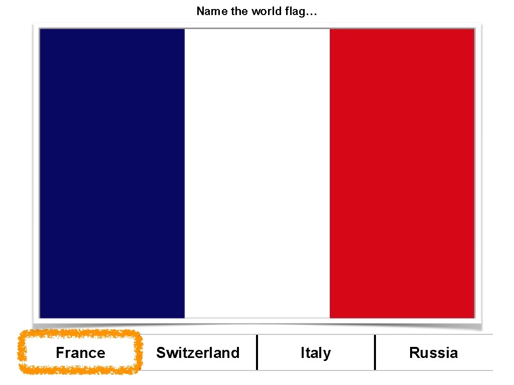 Name the world flag… France Switzerland Italy Russia 