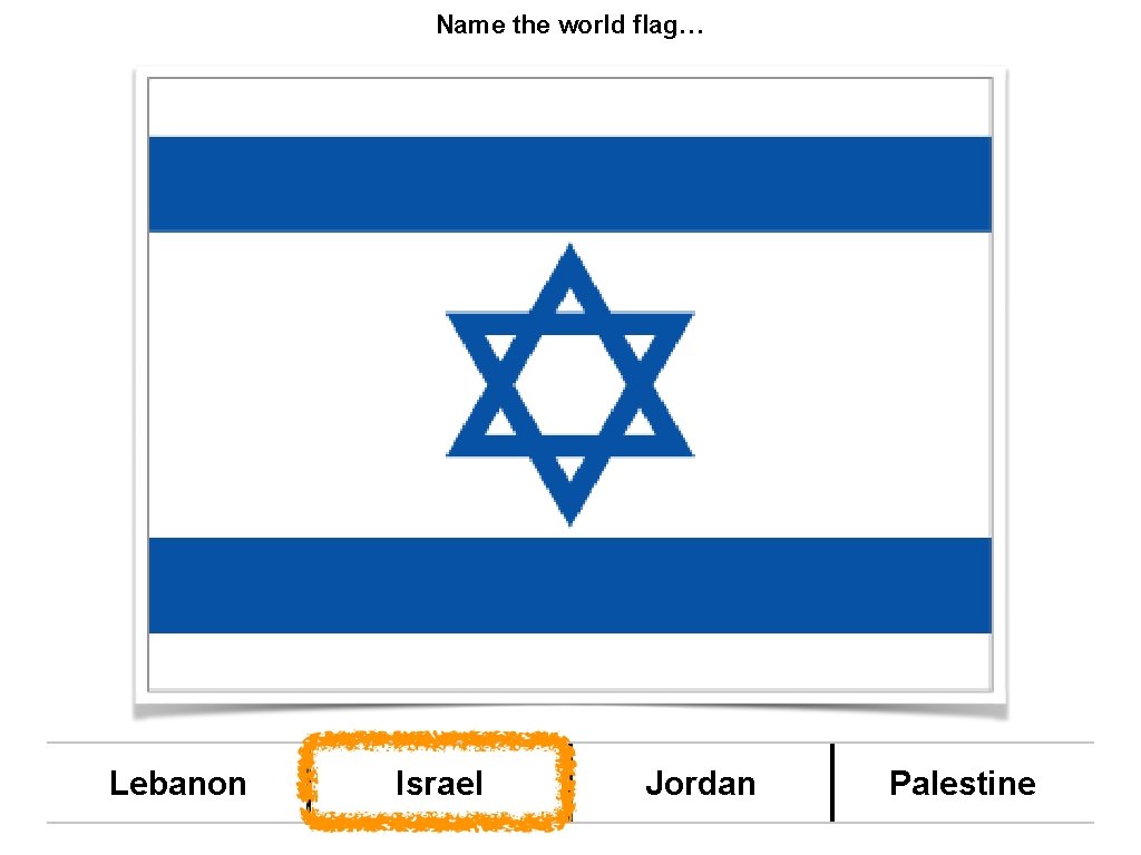 Name the world flag… Lebanon Israel Jordan Palestine 