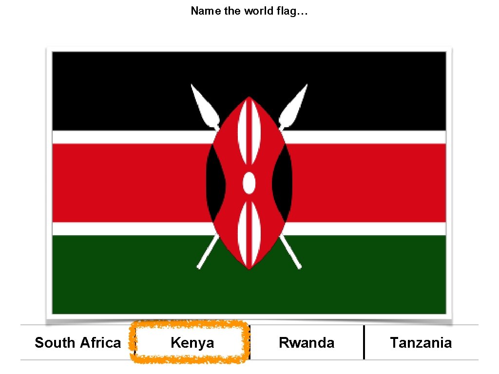 Name the world flag… South Africa Kenya Rwanda Tanzania 