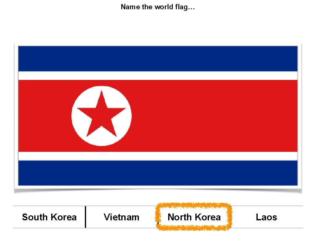 Name the world flag… South Korea Vietnam North Korea Laos 