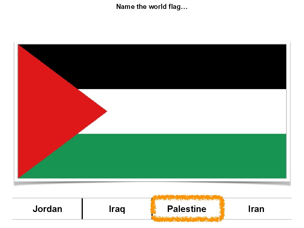 Name the world flag… Jordan Iraq Palestine Iran 